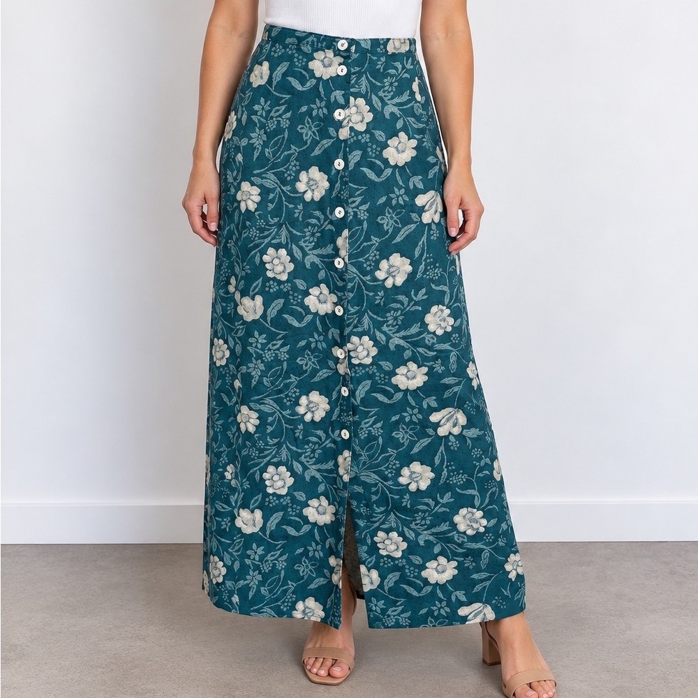 Vintage Floral Maxi Skirt Womens Large Teal Button Front Rayon Made USA 90s